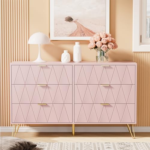 Anbuy Pink Large Dresser 6 Drawer Dresser for Bedroom, Chest of Drawer with 6 Wide Drawers Wood Storage Cabinet Organizer with Metal Gold Legs for Bedroom, Living Room, Entryway - color: Pink, size: 13.4"D x 47.54"W x 28.73"H(6 Drawers)