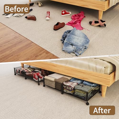 Under Bed Storage with Wheels, 31.5in / 35L Large Rolling Underbed Storage, Underbed Drawer on Wheels, Tool-free Assembly Metal Under Bed Drawers Organizer Container for Bedroom Shoes Clothes Toys - size: 2 Pack (31.5×15.7")