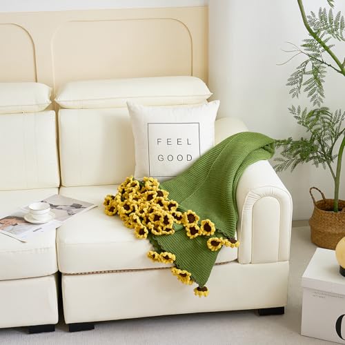 Crochet Flower Bouquet Throw Blanket, Handmade Knitted Blanket with Sunflower, Cute Romantic Gift for Her Girlfriend Mom Mother’s Day Valentine Wedding Anniversary Birthday (Without Packaging Bag) - color: Sunflower, size: 32 Inches