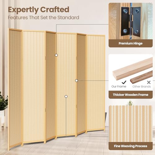 6 Panel Bamboo Room Divider, Folding Privacy Screen, Natural | Pine wood frame, dual-action stainless steel hinges, 5.6FT tall, extends to 94.5 inches wide, no assembly - color: Natural, size: 6 Panel