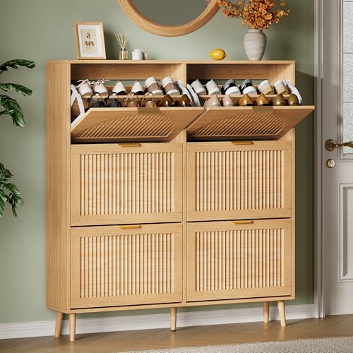 Xixini Shoe Storage Cabinet with 6 Flip Drawers, 50" Tall Narrow Wood Fluted Shoe Organizer for Entryway, Freestanding Wooden Hidden Slim Shoe Rack for Front Door Entrance, Hallway, Foyer, Natural Oak - color: Natural Oak, size: 6 Flip Drawers
