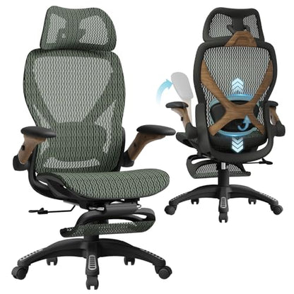 X100 Ergonomic Mesh Office Chair with Footrest, Big and Tall Home Desk Chair with 5D Flip-Up Arms, Adjustable 3D Lumbar Support, Gaming & Executive Computer Chair (Forest Ranger) - color: Forest Ranger