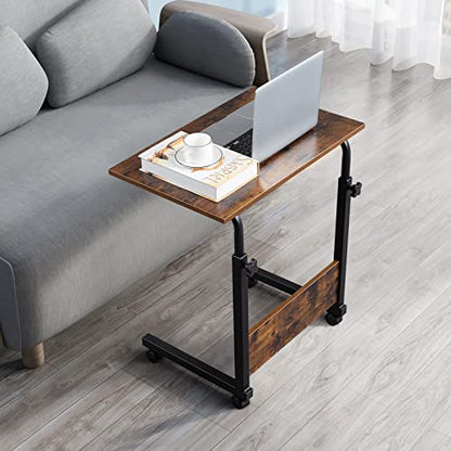Sofa Side Table C Shaped End Table with Wheels, Rolling Bedside Laptop Table Snack Table TV Tray, Height Adjustable, Wooden Top & Metal Frame - color: Retro Brown, 23.6"