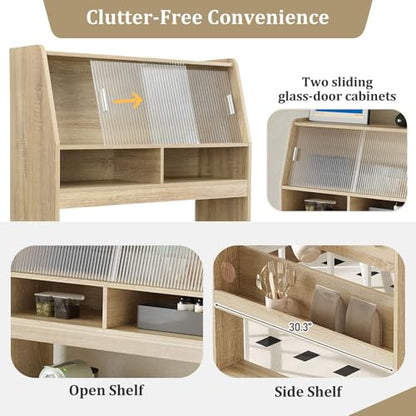Wood Buffet Cabinet with Folding Dining Table, Craft Cabinet with Fold Out Table and Storage Shelf, Hooks, Multifunctional Cupboard for Small Places,Studio, Apartment (Natural) - color: Natural