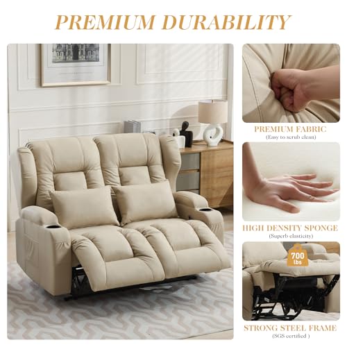 Loveseat Recliner Sofa,RV Wall Hugger Recliners for Small Spaces,Reclining Loveseat Sofa Recliner with Cup Holders/Lumbar Pillows,RV Furniture (Beige, 56" 2-Seater) - color: Beige, size: 56" 2-Seater