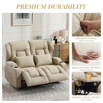 Loveseat Recliner Sofa,RV Wall Hugger Recliners for Small Spaces,Reclining Loveseat Sofa Recliner with Cup Holders/Lumbar Pillows,RV Furniture (Beige, 56" 2-Seater) - color: Beige, size: 56" 2-Seater