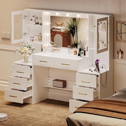 TOKSOM 58.3”Vanity Desk with Mirror and Charging Station, Bedroom Dressing Table, Large Vanity Set, 8 Drawers and 2 Cabinets, Makeup Vanity Table with Charging Station, Without Lights - size: 58.3 inch, style: Modern White