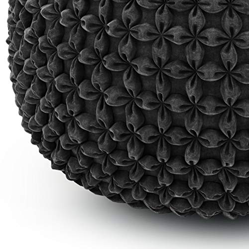SIMPLIHOME Safford 20" Wide Square Pouf in Grey/White PET Polyester | Boho footstool, extra seating for home living room or bedroom with button-tufted pleated design, assembled; pouf ottoman. - color: Dark Grey, style: Pouf