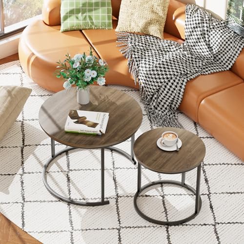 aboxoo Coffee Table Nesting Side Round Table Set of 2 End Table with Sturdy Metal Frame for Living Room Bedroom Apartment Modern Industrial Simple Nightstand,Oak - color: Oak
