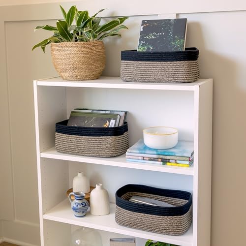 NaturalCozy 13.5”x8.5”x5.5” Rectangle Storage Baskets for Shelves 3 Pack | Cotton Rope Woven Small Baskets for Organizing | Small Storage Bins for Nursery, Bathroom, Closet, Shelf, Decorative - color: Black & Mixed Black, size: 13.5" x 8.5" x 5.5"