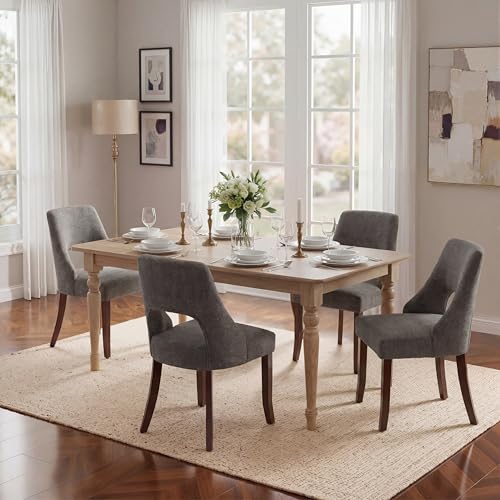 UVV Wooden Dining Chairs Set of 4, Mid Century Modern Upholstered Dining Room Chair Kitchen Chairs, Chenille Dinner Chair with Solid Wood Legs for Kitchen Dining Room, Dark Grey - color: Dark Grey, size: Set of 4