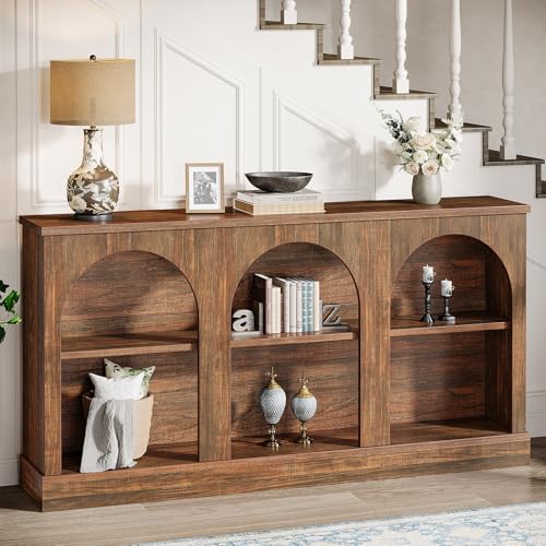 Tribesigns Console Table with Storage, 63" Long Arched Entryway Table | 3 Tier Wooden Farmhouse Rectangular Sofa Table Behind The Couch for Entrance, Hallway, Foyer, Living Room, Dark Brown - color: Dark Brown