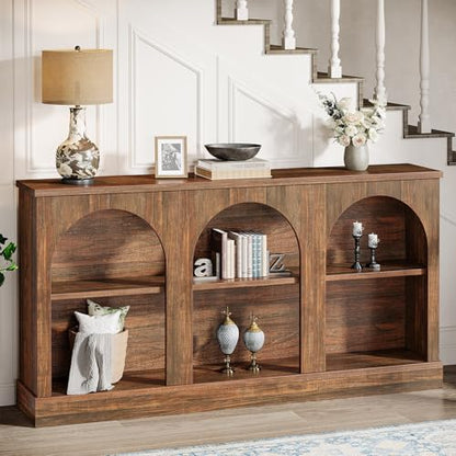 Tribesigns Console Table with Storage, 63" Long Arched Entryway Table | 3 Tier Wooden Farmhouse Rectangular Sofa Table Behind The Couch for Entrance, Hallway, Foyer, Living Room, Dark Brown - color: Dark Brown