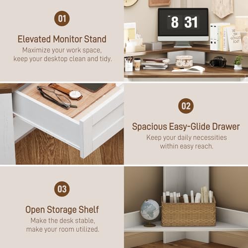 Small Corner Desk, Triangle Computer Desk for Small Space, Rustic White | 31.5" Corner Desk with Drawer and Monitor Stand, Farmhouse Computer Desk with Storage Shelf for Home Office, Living Room