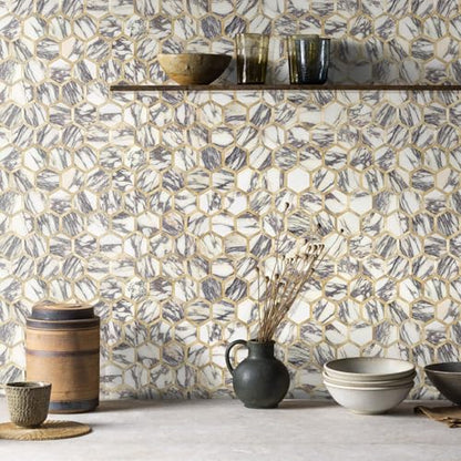 STICKGOO Hexagon Peel and Stick Backsplash Tile, Stick on Backsplash for Kitchen and Bathroom, Glossy Calacatta Viola Marble PVC Mixed Metal Gold Self Adhesive Wall Tiles(10 Sheets, Seamless) - color: Calacatta Viola Marble with Metal Gold