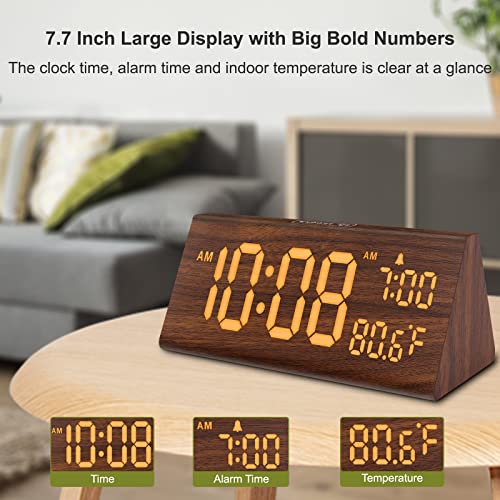 DreamSky Wooden Digital Alarm Clock for Bedroom with USB Port | 7.7" Electric Clocks with Large Numbers, Temperature, 0-100% Brightness Dimmer, Adjustable Alarm Volume, Snooze, 12/24H - color: Amber