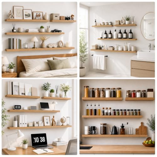 RICHER HOUSE 12 Inch Deep Floating Shelves, 36 Inch Long Wall Shelf, Oak | Rustic Wood Wall Mounted Shelves, Bookshelf Set of 2 with Invisible Bracket for Display Bathroom Bedroom Kitchen Living Room - color: Oak, size: 36in