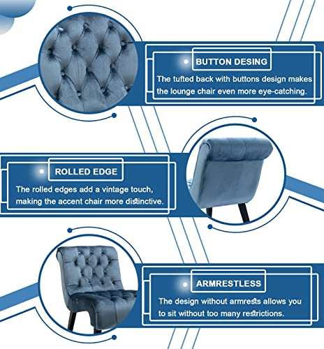 Comfy Velvet Accent Chair, Tufted Armless Side Chair with Rolled Edge | Modern Small Lounger for Living Room, Upholstered Reading Chaise Lounge with Solid Rubber Wood Legs, Blue - color: Blue, size: Set of 1