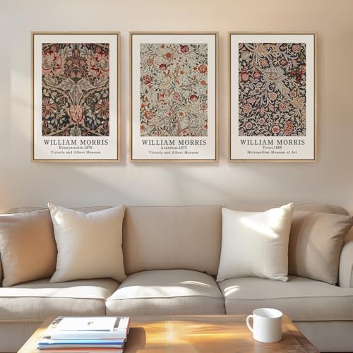 Framed William Morris Canvas Wall Art Set of 3, Vintage Boho Floral Paintings Prints, Rustic Farmhouse Botanical Artwork for Living Room, Bedroom, Hallway or Office, 16x24 Inch - color: Botanical, size: 16"W x 24" H x 3Pcs