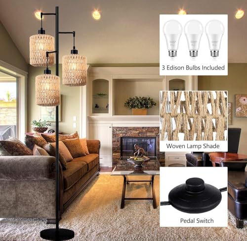 QIYIZM Floor Lamp for Living Room,Bedroom,3-Lights Boho Rattan Tree Floor Lights,Industrial Black Farmhouse Standing Lamp Wicker Rustic Tall Lamp,Woven Bamboo LampShade Floor Lamps Bohemian - size: 20-Floor Lamp