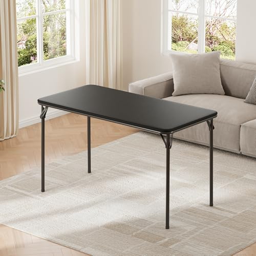 IDEALHOUSE 4 Feet Folding Table, Protable Foldable Card Table, Black | Metal Legs Support, Upholstered PU Leather Tabletop, Heavy Duty, No Assembly Required, Perfet for Indoor and Outdoor - color: Black