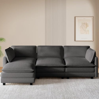 ROWHY 112'' Modular Sectional Cloud Couch with Movable Ottoman, 4 Seat Modern Chenille Sofa, Deep Seat L Shaped Couch for Living Room Bedroom Apartment, Grey | Sturdy Frame - color: Grey, size: 112''