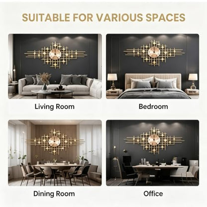 Gold Large Decorative Wall Clock, Modern Metal Wall Clock with Four-Pointed Star Design, Silent Non-Ticking Battery Operated Wall Art for Living Room Bedroom Office Home Decor