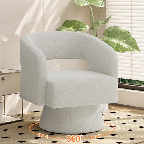 Swivel Barrel Accent Chair,Oversized Teddy Upholstered Round Swivel Chair,Modern Luxury 360 Degree Living Room Vanity Chair for Bedroom Office,White - color: White-teddy Fabric, size: Set of 1