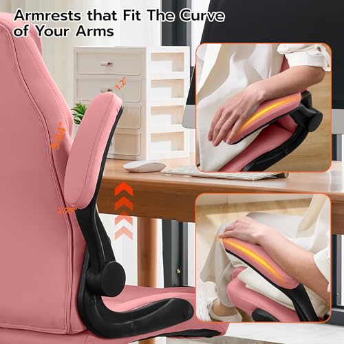 Ylzyxal Office Desk Chair, Ergonomic Computer Chair with Padded Flip-Up Arms and Adjustable Lumbar Support, PU Leather Executive Chair with Tilt Lock and 360° Swivel Rolling Wheels for Work, Study - color: Pink