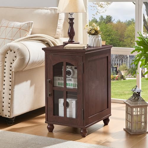 RWYHG Narrow Side Table, Farmhouse Nightstand with Charging Station | End Tables with Glass Barn Door, Cabinet Organizer with Adjustable Shelf, Night Stand for Small Spaces Living Room Bedroom - color: Retro Walnut, size: Set 1
