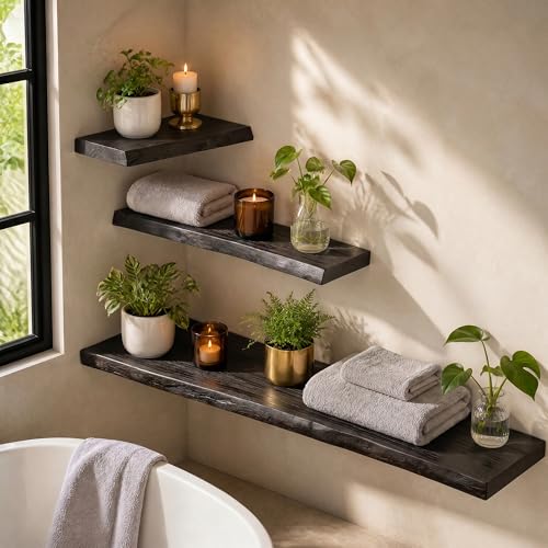Dreamland 36 Inch Long Floating Shelves Set of 2, Rustic Solid Elm Wood Live Edge Floating Shelf Wall Mounted, 8 Inch Deep Wooden Wall Shelves for Living Room, Bedroom, Bathroom, Kitchen, Walnut - color: Walnut, size: Live Edge - 36"L