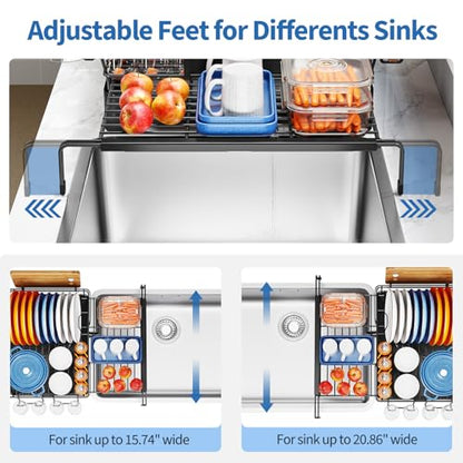 TOOLF Expandable Over The Sink Dish Drying Rack for Kitchen Counter, Black | Extend 12.56"-23.97"L,Stainless Steel & PP,Cups & Cutting Board Holder,Removable Utensil Holder,Adjustable Feet Fit Most Sink - size: 1-Tier(Side Extension)