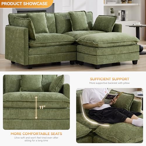 76'' Cloud Deep Seat Loveseat Sofa, Upholstered Chenille Modular 2-Seats Sectional Sofa Couch with Movable Ottoman, Modern Comfy Settee Loveseat for Living Room Set, Small Apartment, Green - color: Green, size: 76'' L Shape
