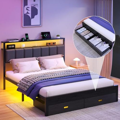 Full Bed Frames with Storage Drawer, Platform Bed with Charging Station and LED Lights, Upholstered Headboard with 2-Tier Storage Shelves, No Box Spring Needed - size: Full, style: Modern