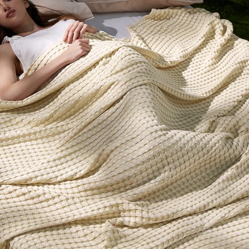 Bedsure Cooling Cotton Waffle Blanket, Natural, Queen Size, 90x90 Inches | Lightweight, Breathable, Rayon Derived from Bamboo, For Hot Sleepers - color: 01 - Natural, size: Queen (90" X 90")