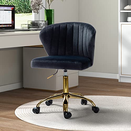 TINA'S HOME Office Desk Chairs with Wheels & Gold Base, Modern Velvet Cute Armless Office Chair, Adjustable Low Back Swivel Rolling Chair, Upholstered Task Chair for Living Room Vanity Study-Black | Modern Velvet Cute Armless Office Chair, Adjustable Low