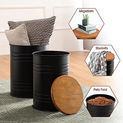Glitzhome Rustic End Table Set of 2, Farmhouse Galvanized Metal Barrel Ottoman Storage Stool with Round Wood Lid for Living Room Furniture, Black - color: Black