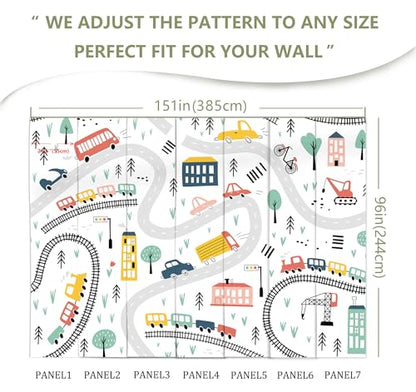 Kids Cartoon Wallpaper Car Roadmap Wall Mural | 151"x96", for Bedroom Living Room Bathroom, Textured Fabric, Not Peel and Stick - color: Mural 06, size: 151" x 96"
