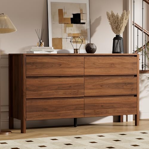 Furniway 55" Mid-Century Modern Dresser for Bedroom, 6 Drawer Wide Chest of Drawers with Wood Legs, Large Storage Bedroom Dresser, Walnut - size: 15.7"D x 55.1"W x 31.5"H (6 Drawers)