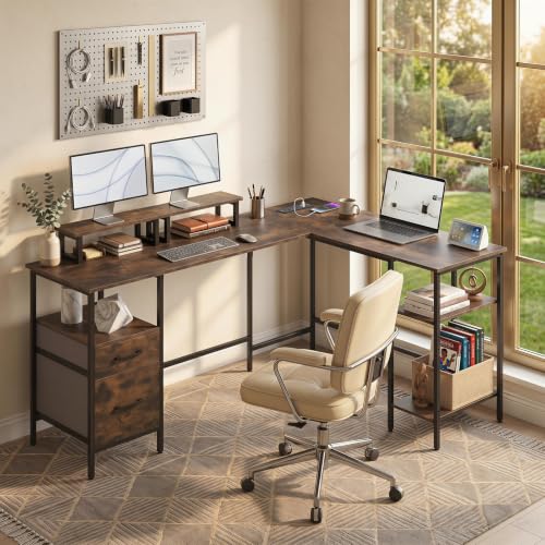 Tangkula 63" Reversible L Shaped Computer Desk w/Power Outlet & USB-C Port | Corner Gaming Desk w/Storage Drawers & Monitor Stand, Metal Frame, Study Writing Workstation for Home Office Study - color: Rustic Brown