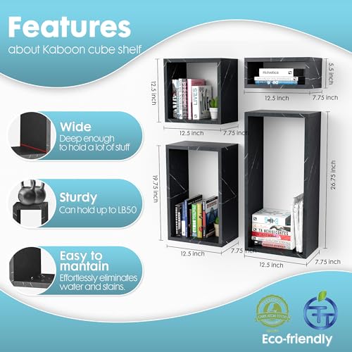 Wall Mount Shelf Set of 4, Floating Cube Shelves for Space Discovery Home and Commercial Use, Large Size Shelves Set, Cloud Atlas/Black Marble - color: Cloud Atlas, size: Set4