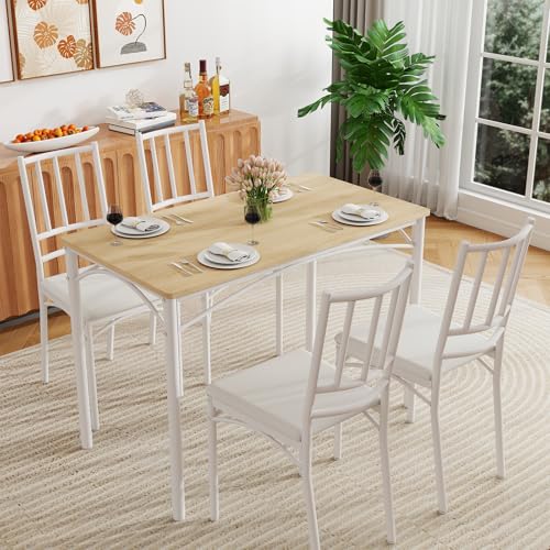 5-Piece Dining Table Set with 4 Chairs & Adjustable Feet, Upholstered Seats Kitchen Table and Chairs Set of 4, Space-Saving Design for Small Apartments and Dining Rooms, White - color: White, size: 5-piece