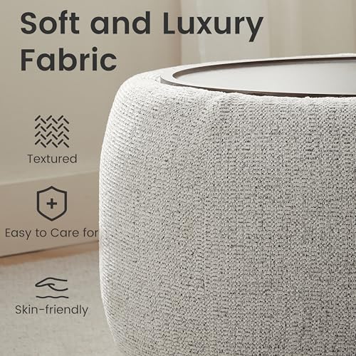 VKNOW 30" Round Storage Ottoman, Ottoman Coffee Table with Removable Wood Top and Solid Wood Legs for Living Room, Bedroom, Apartments (Beige) - color: Beige