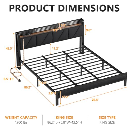 King Size Bed Frame with Storage Shelf and Upholstered Headboard | Metal Platform Bed with LED Light, Charging Station and Heavy Duty Slats, No Box Spring Needed, Noise Free & Easy Assembly - size: King, style: Bed Frame