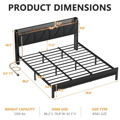 King Size Bed Frame with Storage Shelf and Upholstered Headboard | Metal Platform Bed with LED Light, Charging Station and Heavy Duty Slats, No Box Spring Needed, Noise Free & Easy Assembly - size: King, style: Bed Frame