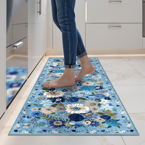 Blue Garden Floral Hallway Runner Rug 2x5for Bedroom Kitchen | Rubber Backing; Non Slip; Soft;Machine Washable; Ideal for Bathroom, Entryway, Laundry Room - color: Blue, size: 2' x 5' (Rectangular)