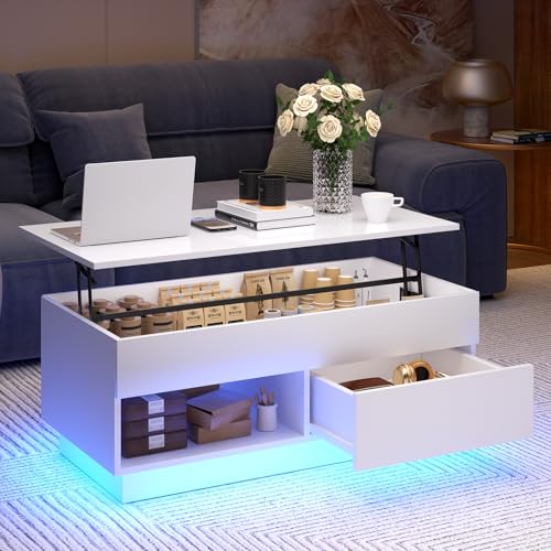 HOMMPA 40“ Lift Top Coffee Table with Storage LED Coffee Table Morden High Gloss Living Room 3 Tiers Modern Tea Table with Storage Center Tables Hidden Compartment & Open Shelve & Drawer White - color: White, size: 1 Drawer & 1 Shelf