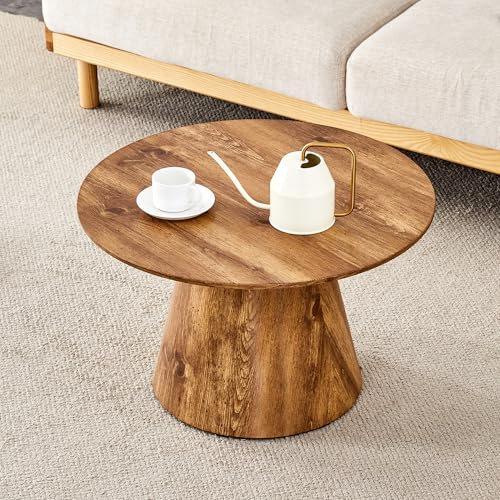 Wood Coffee Table, 23.6" Small Coffee Table, Natural Wood Grain Round Tabletop with Wooden Cone Base, Round Living Room Table with Adjustable Feet, Mid Century Center Table for Apartment,Small Space - color: 23.6" Wood Coffee Table
