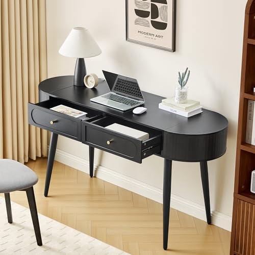 59" Black Home Office Desk, Multiple Storage Wood Writing Desk, MCM Elegant Fluted Table Desk with 2 Flip Hide Storage + 2 Drawer for Apartment (Black) - color: Black-59 Inch