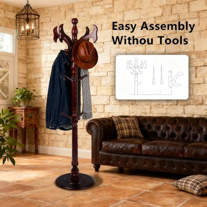 Wooden Coat Rack Freestanding with 14 Hooks, Adjustable Height Coat Tree Free Standing Heavy Duty for Entryway, Easy Assembly Solid Wood Sturdy Coat Hats Hanger Stand for Office Hallway Bedroom - color: Redwood-Solid Wood Hook B